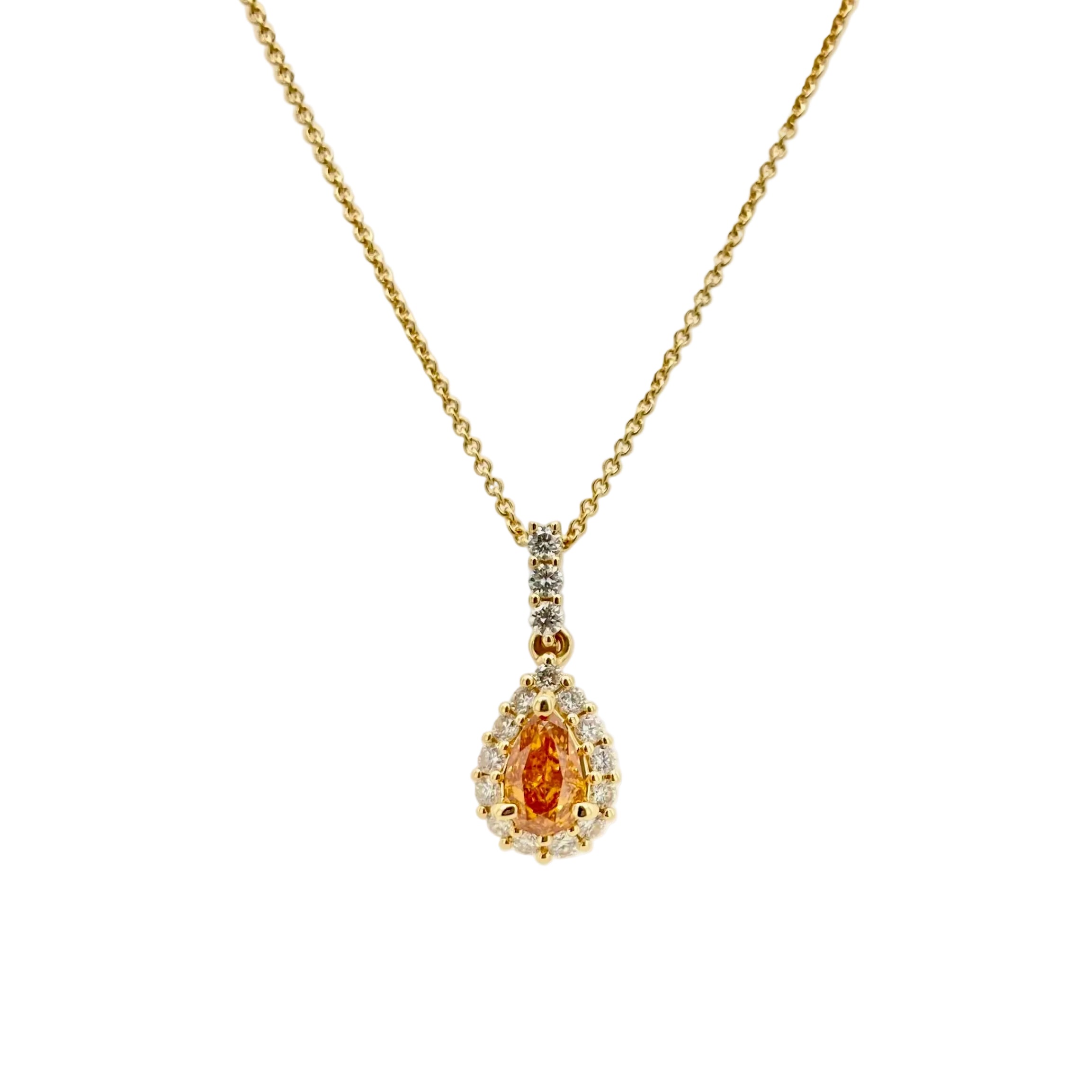 Fancy Orange Diamond Pear- Shape Classic Cluster Pendant in 18K Yellow Gold