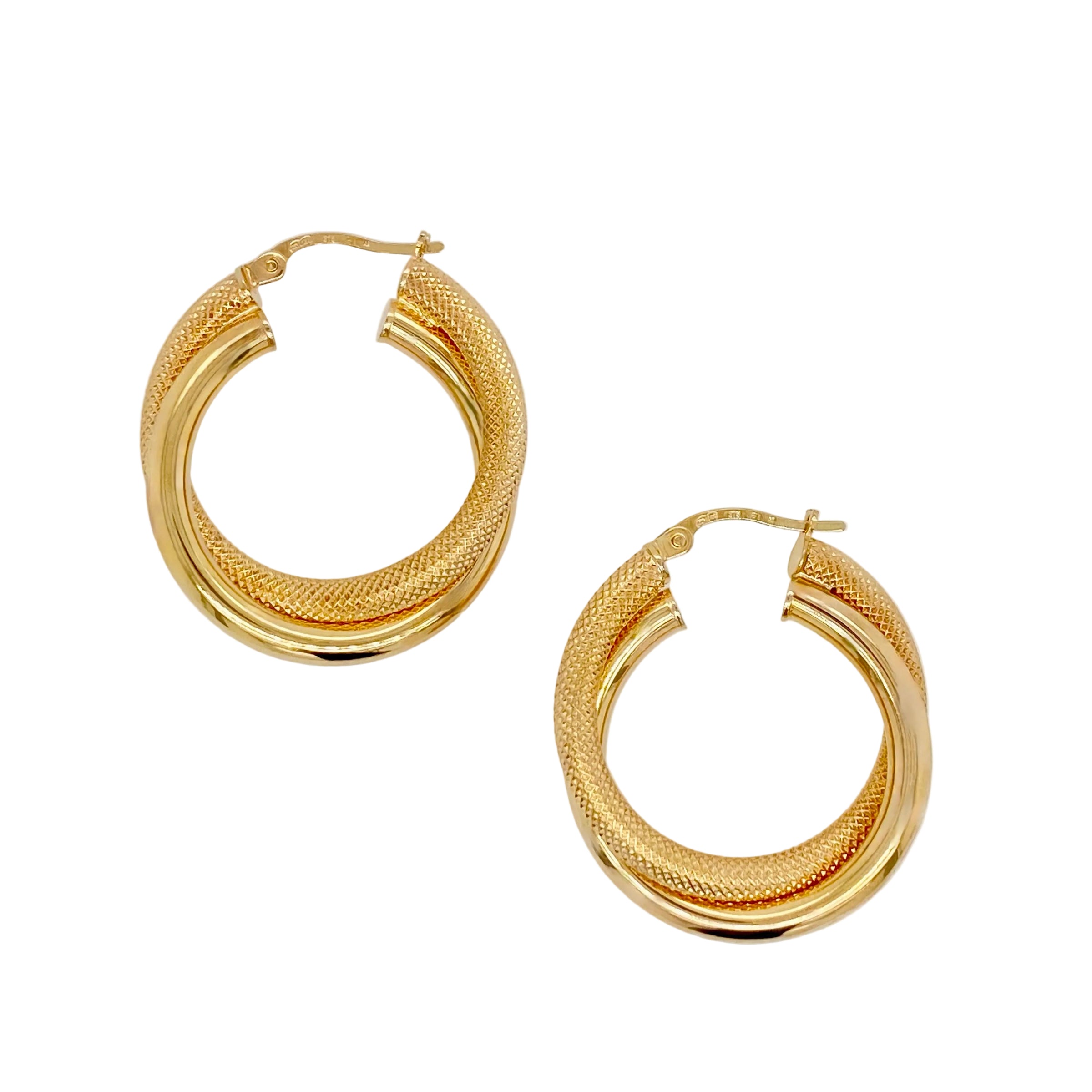 Textured and Polished Double Hoop Earrings in 9K Yellow Gold