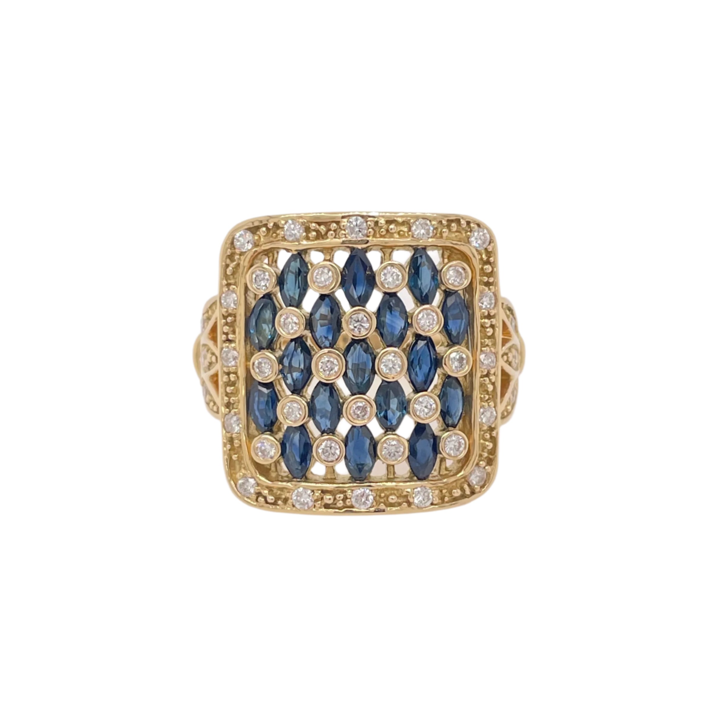 Sapphire and Diamond Unique Square Cluster Ring in 18K Yellow Gold