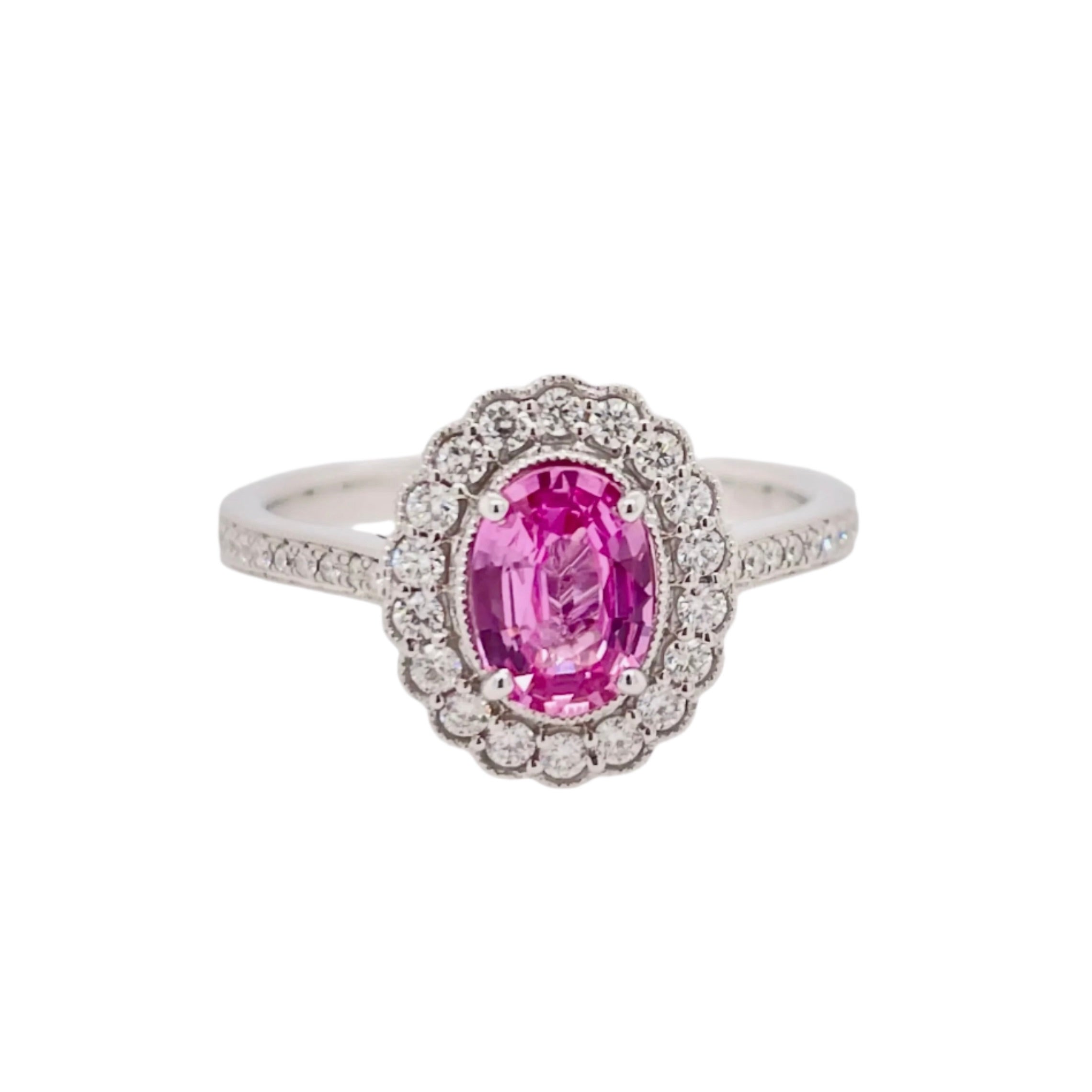 Pink Sapphire Diamond Cluster Ring in 18K White Gold