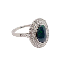 Free-formed Black Opal and Diamond Double Halo Ring in Platinum