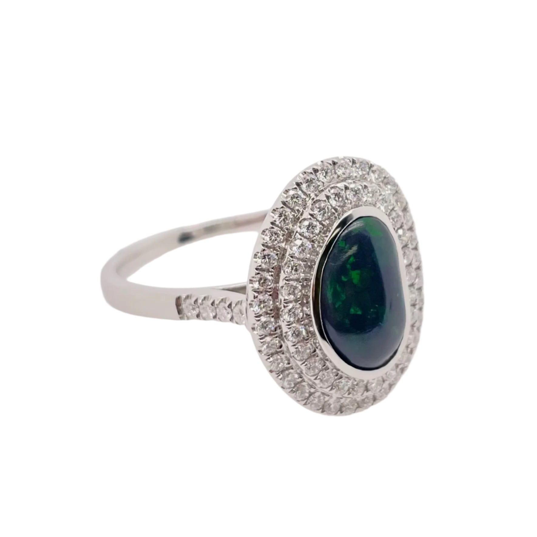 Free-formed Black Opal and Diamond Double Halo Ring in Platinum