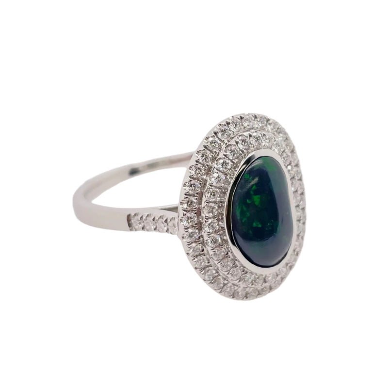 Free-formed Black Opal and Diamond Double Halo Ring in Platinum