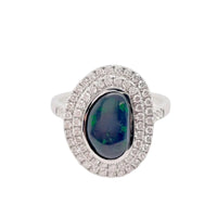 Free-formed Black Opal and Diamond Double Halo Ring in Platinum