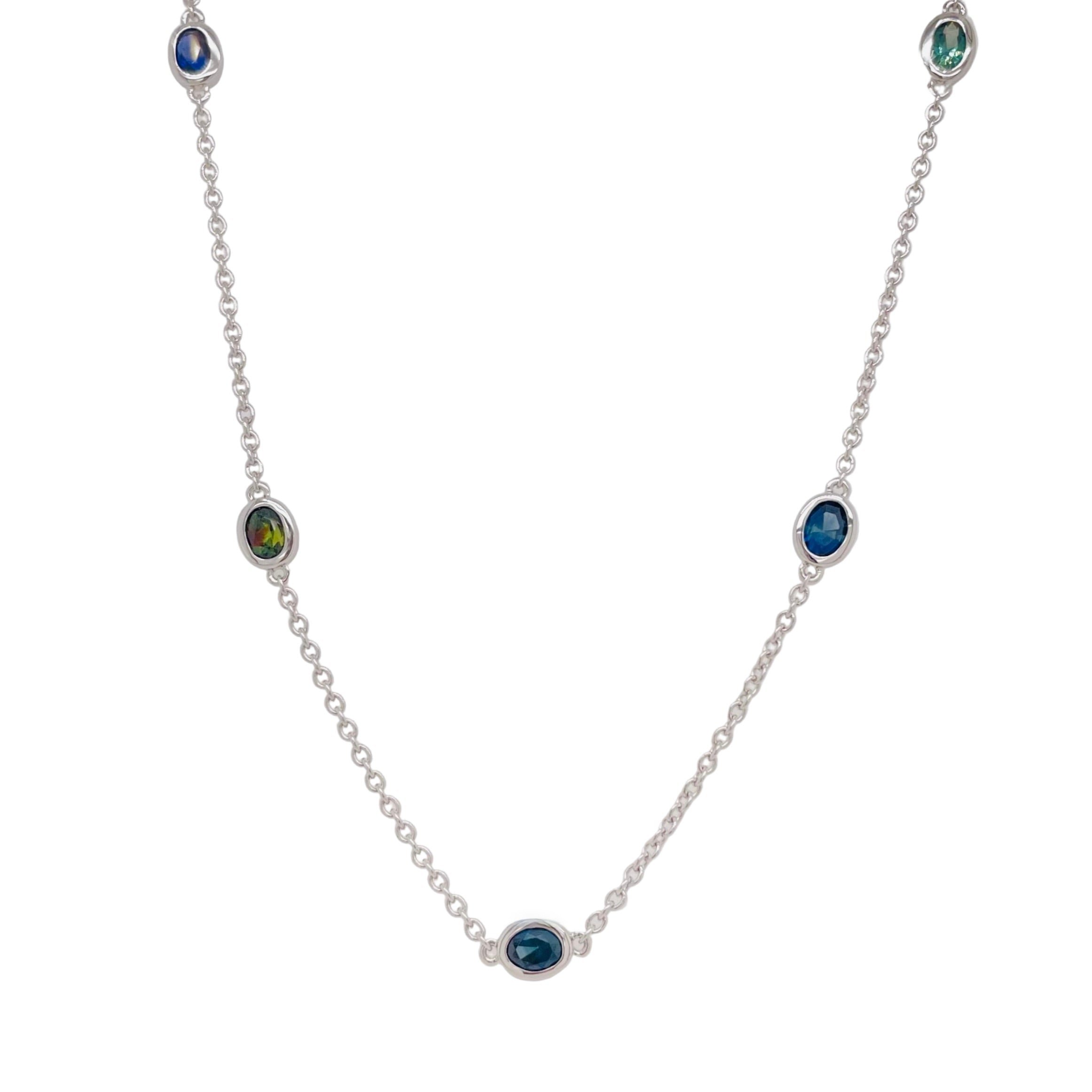 Greenish- Blue Sapphire Chain Necklace in 9K White Gold