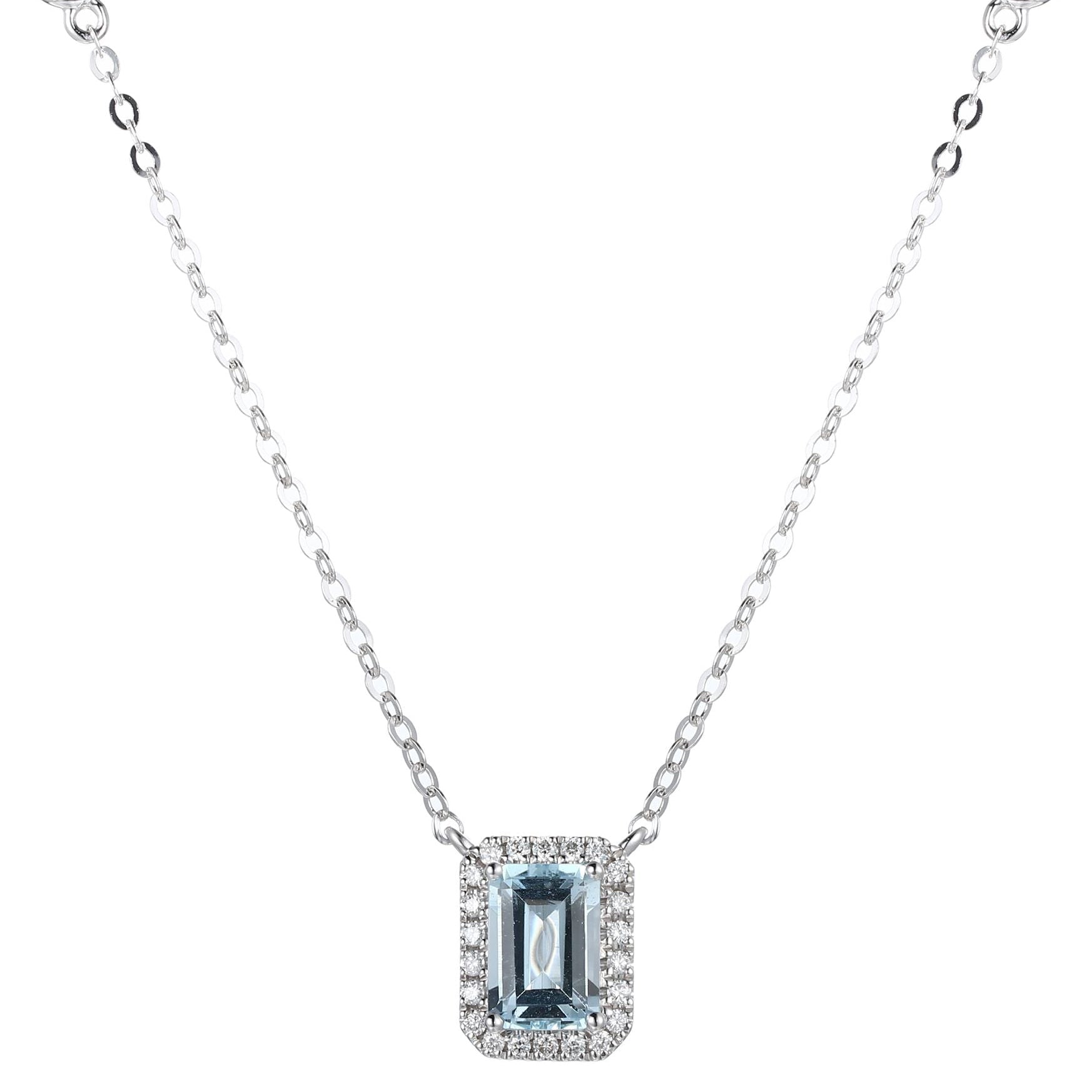 Aquamarine and Diamond Rectangular- Shaped Cluster Necklace in 18K White Gold