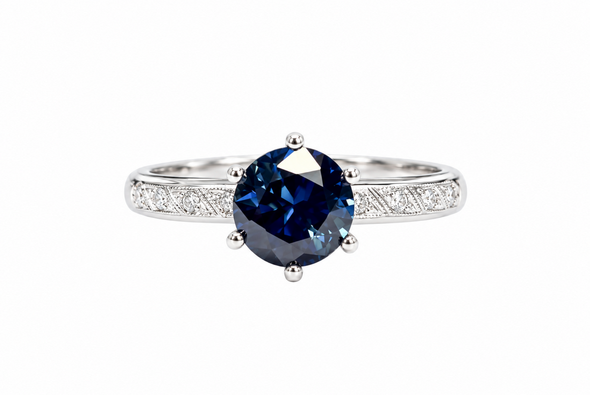 Unheated 1.53ct Dark Blue Sapphire and Diamond Band Ring in 18K White Gold