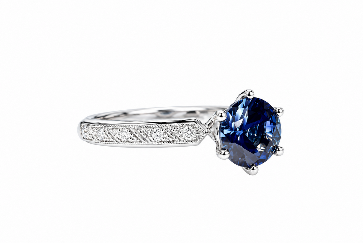 Unheated 1.53ct Dark Blue Sapphire and Diamond Band Ring in 18K White Gold