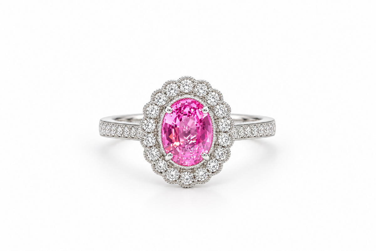 Pink Sapphire and Diamond Cluster Ring in 18K White Gold