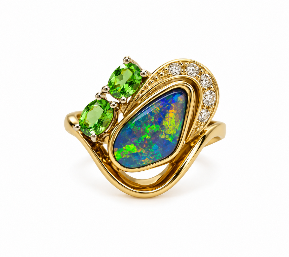 Australian Black Opal, Tsavorite and Diamond Cluster Ring in 18K Yellow Gold