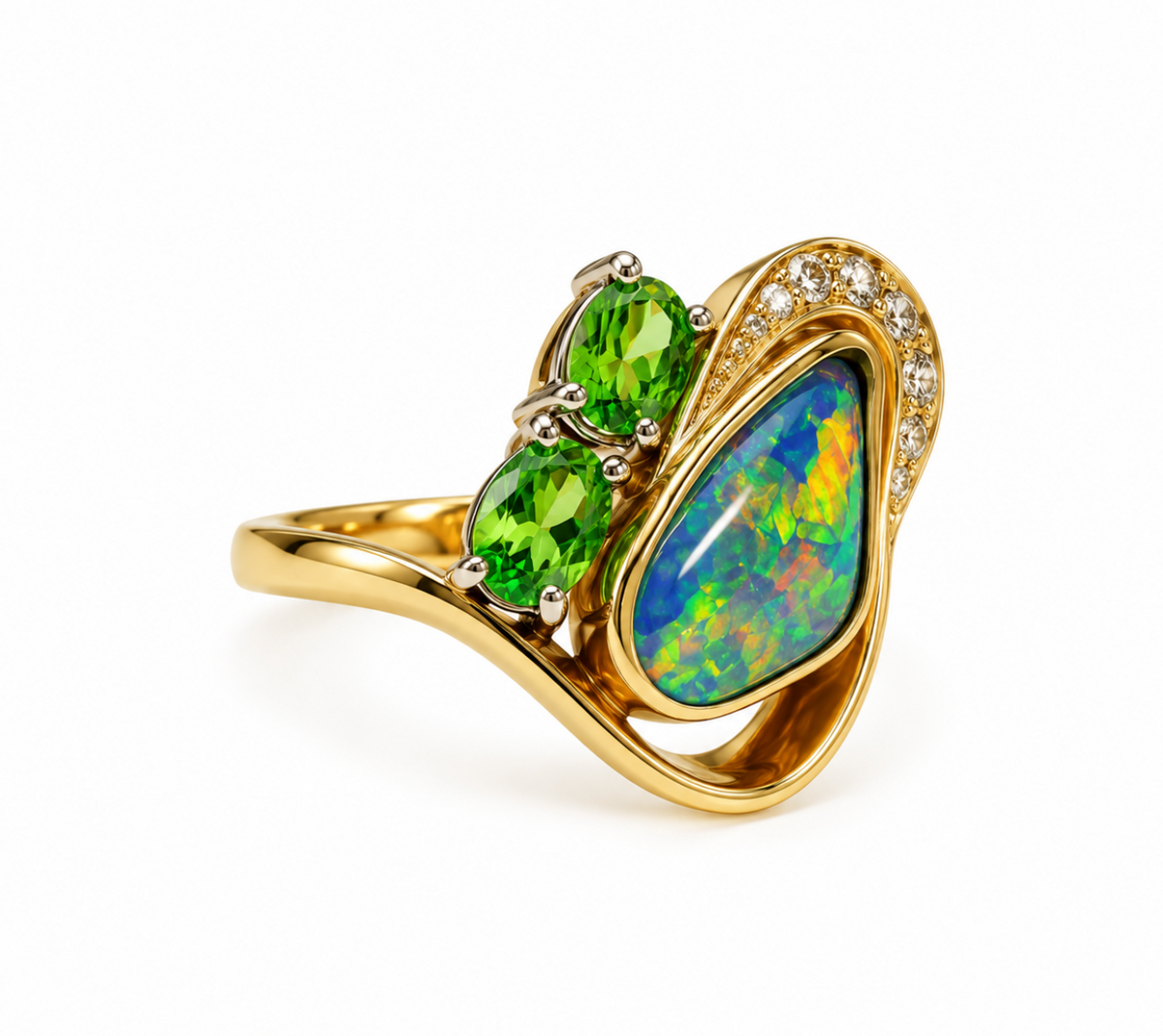 Australian Black Opal, Tsavorite and Diamond Cluster Ring in 18K Yellow Gold