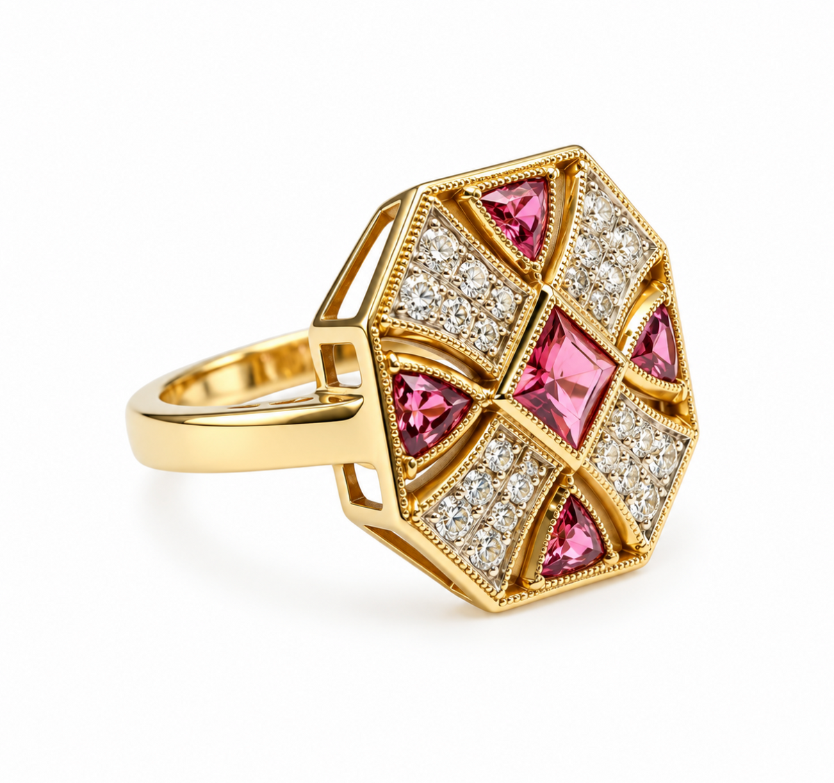 Pink Tourmalines and Diamonds Artistic Cluster Ring in 9K Yellow Gold