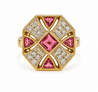 Pink Tourmalines and Diamonds Artistic Cluster Ring in 9K Yellow Gold