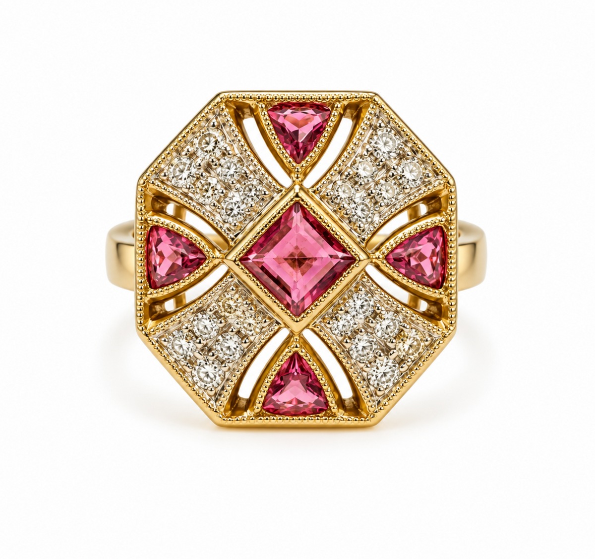 Pink Tourmalines and Diamonds Artistic Cluster Ring in 9K Yellow Gold