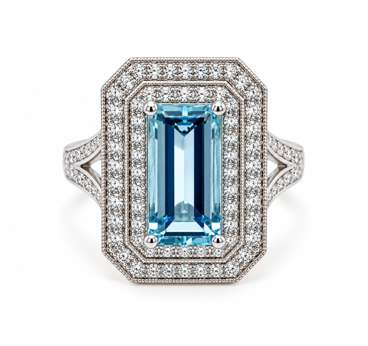Aquamarine and Diamond Double Cluster Ring in Platinum