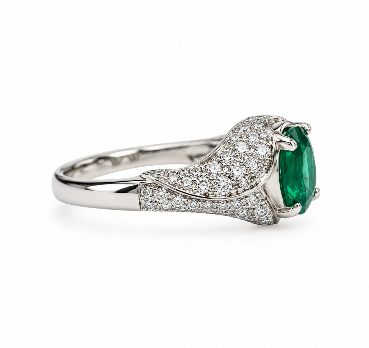 Emerald and Diamond Flowing Design Cluster Ring in 18K White Gold