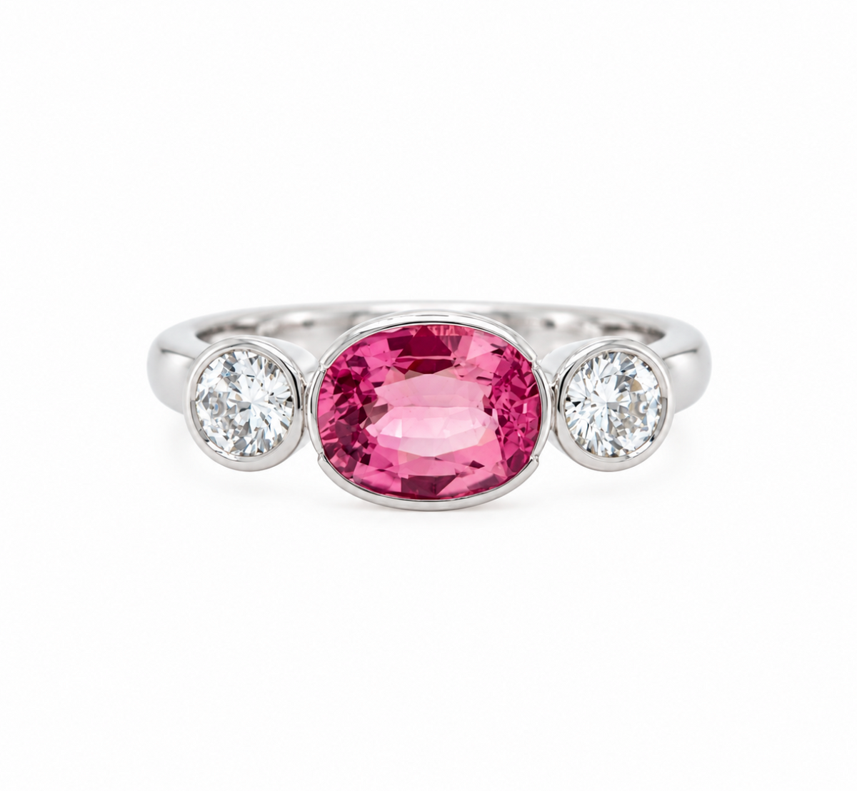 Pink Tourmaline and Diamond Trilogy Ring in 18K White Gold