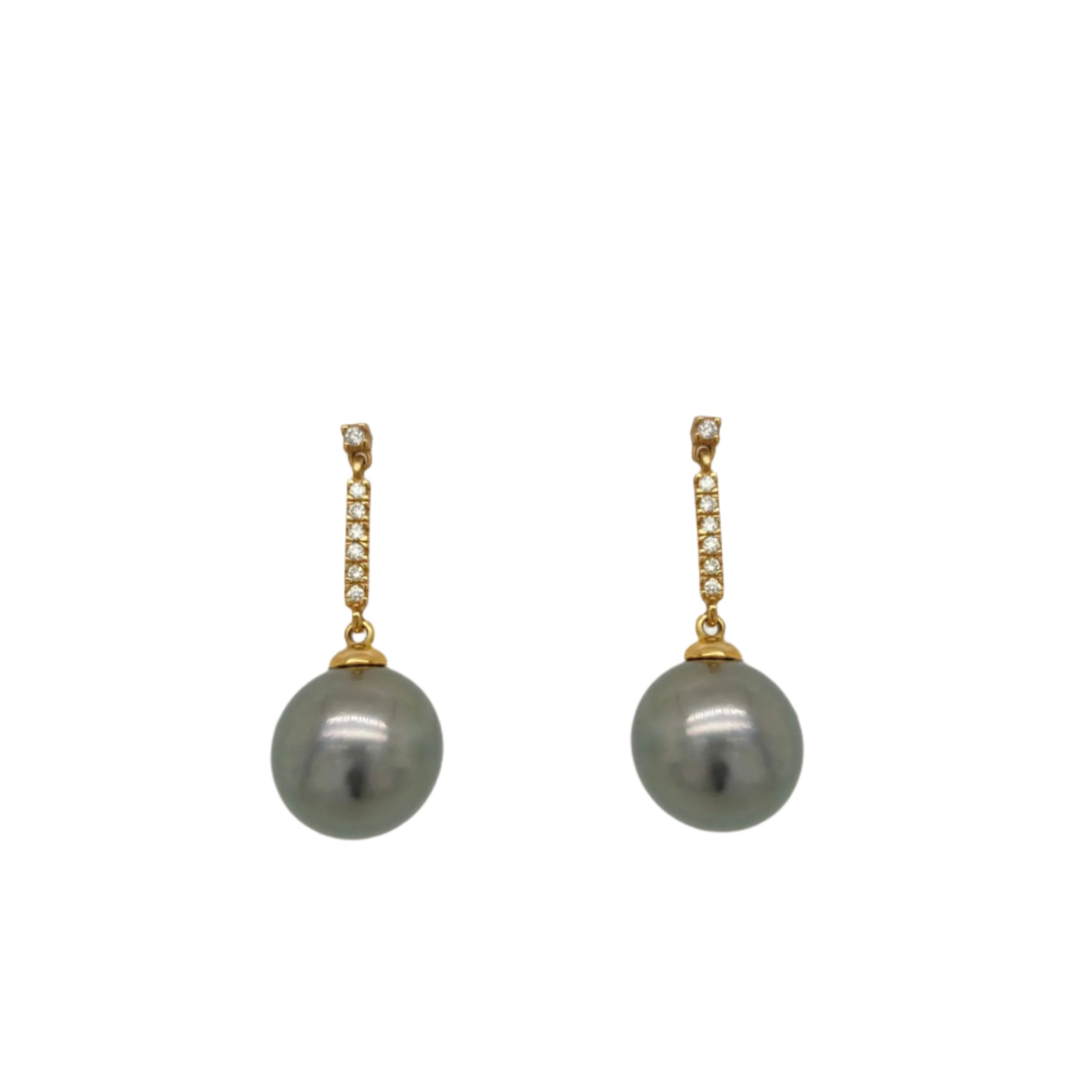 Black Pearl and Diamond Drop Stud Earrings in 18K Yellow Gold