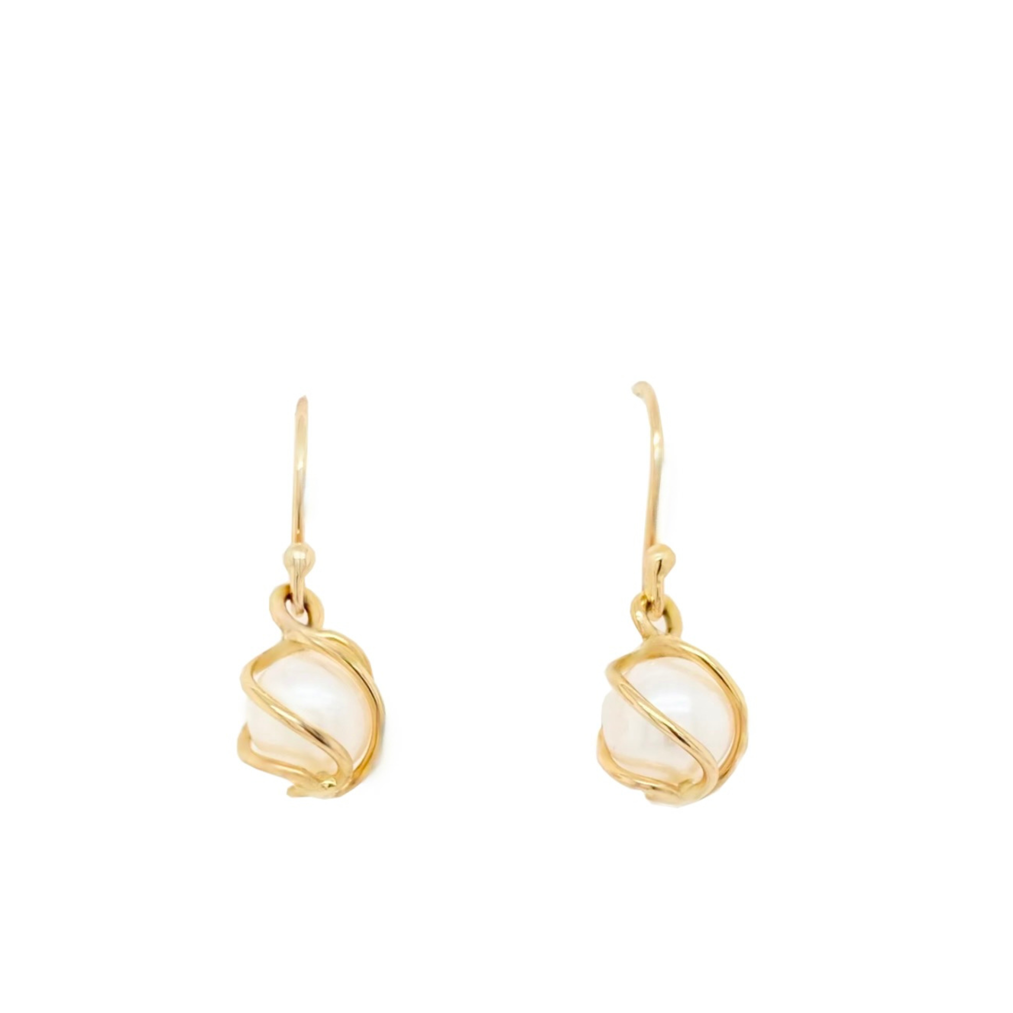 Wire Wrapped Pearl Drop Hook Earrings in 9K  Yellow Gold